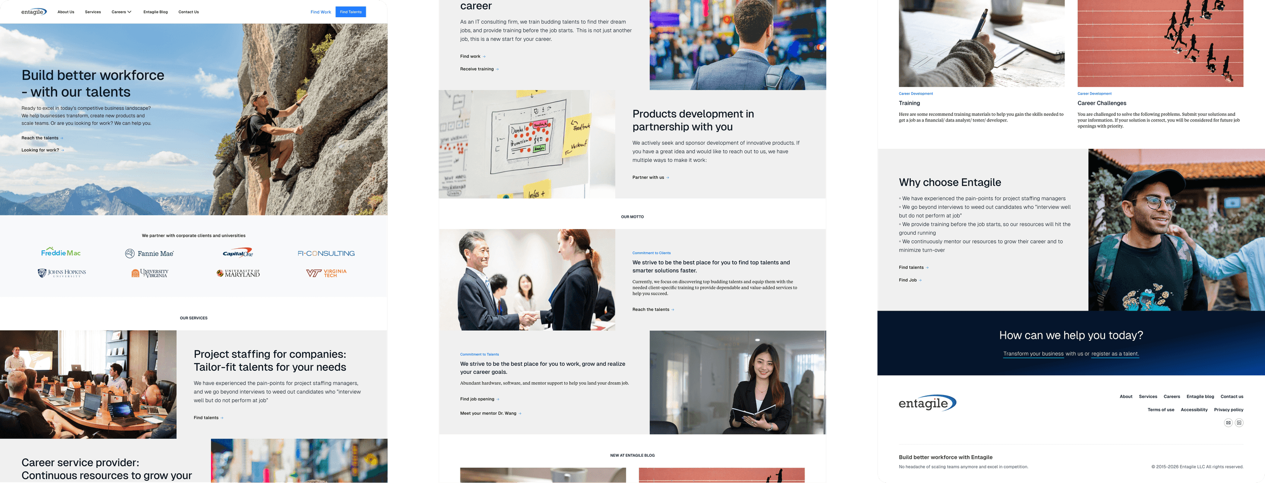 The Entagile homepage in three parallel columns, read left to right: the dual-CTA hero and partner logo bar over the three service tracks; the products-development block, the Commitment to Clients / Commitment to Talents motto pair, and the blog; then the training and career-challenge cards, the why-choose-Entagile differentiators, and the conversion footer.