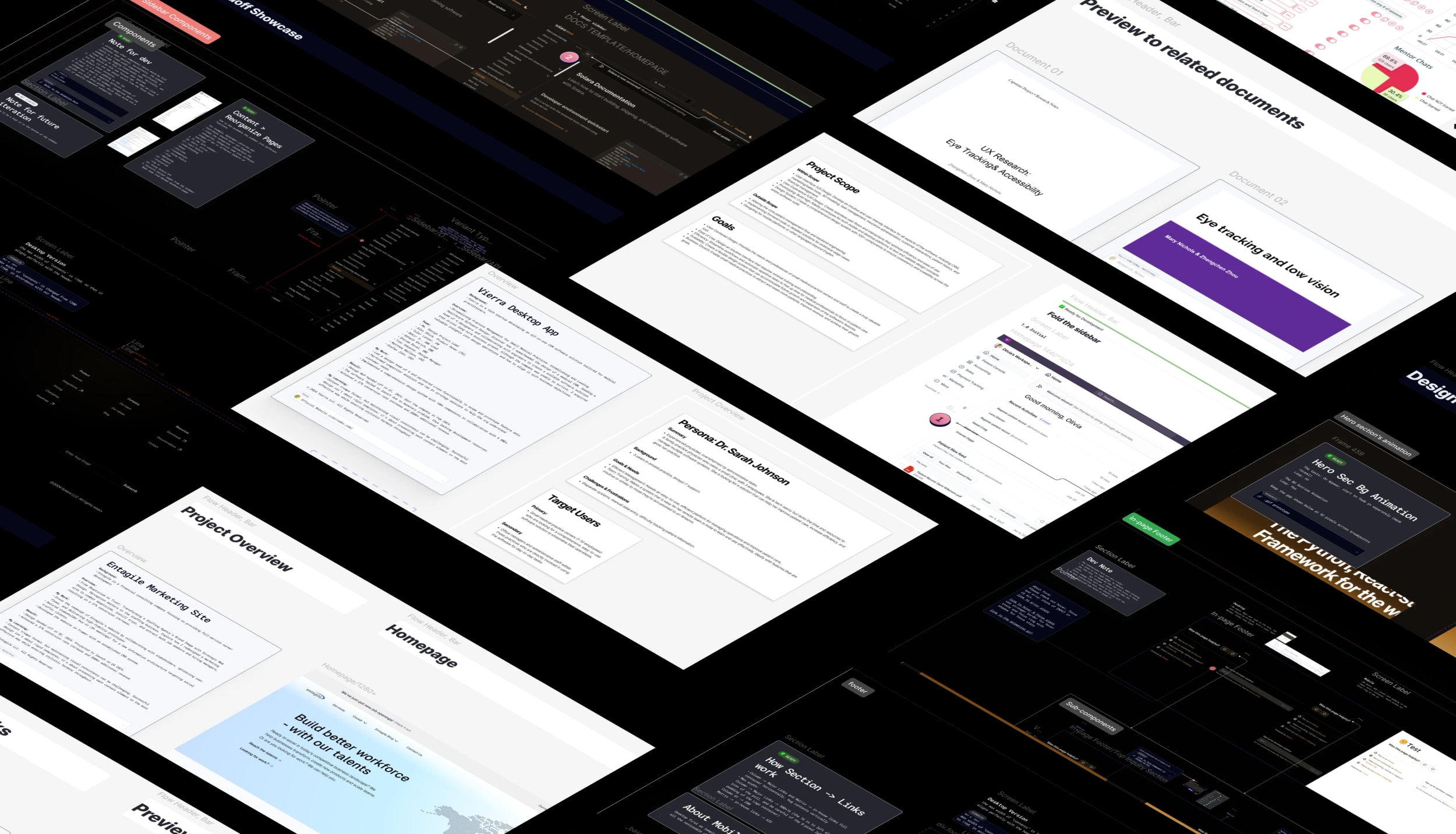 Figma sneak peak file overview — marketing site layouts, components, and visual identity explorations