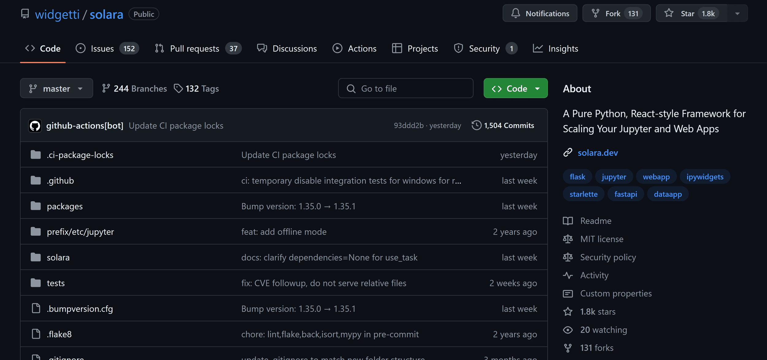 The Solara GitHub repository — 1.8k stars, the framework's primary discovery surface