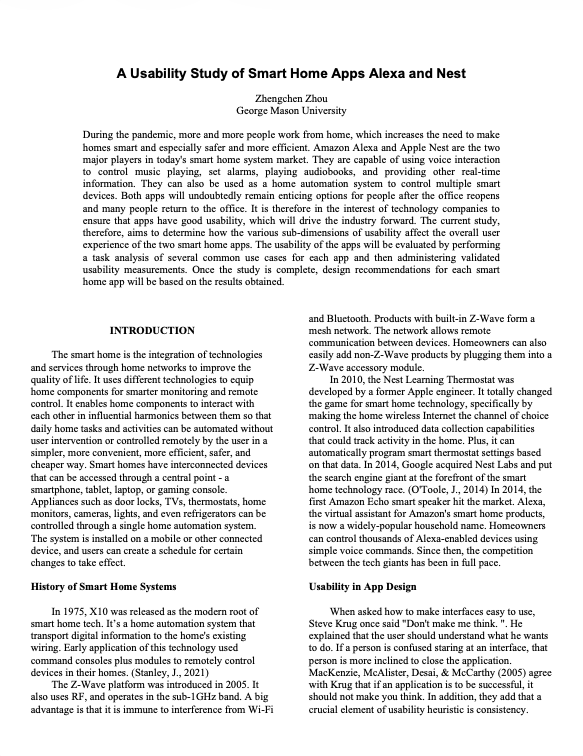 First page of 'A Usability Study of Smart Home Apps Alexa and Nest' by Zhengchen Zhou, George Mason University