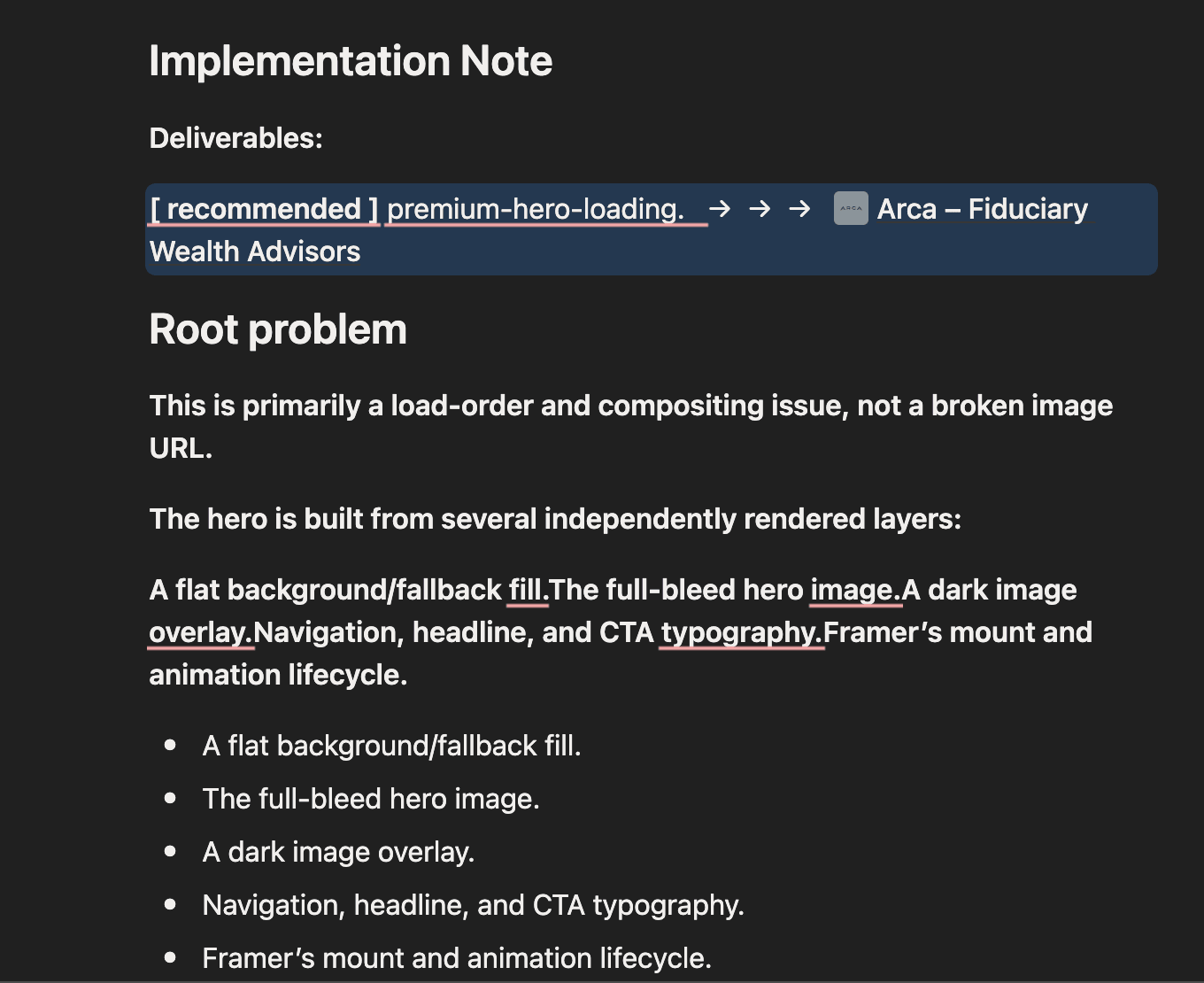 The implementation note inside Arca's ticket: a Root problem section reading 'This is primarily a load-order and compositing issue, not a broken image URL', followed by the five independently rendered hero layers