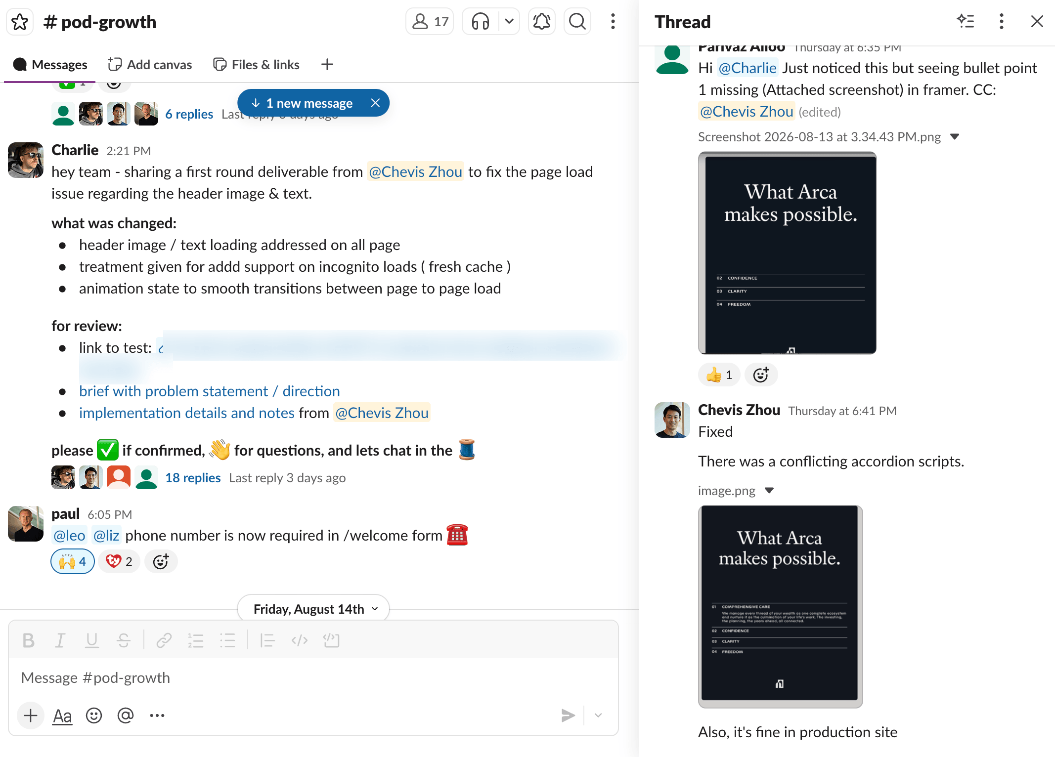 The #pod-growth Slack channel, with a stakeholder sharing the first-round hero loading deliverable to the team for review, and a side thread where a colleague reports a missing bullet and Chevis replies that it is fixed