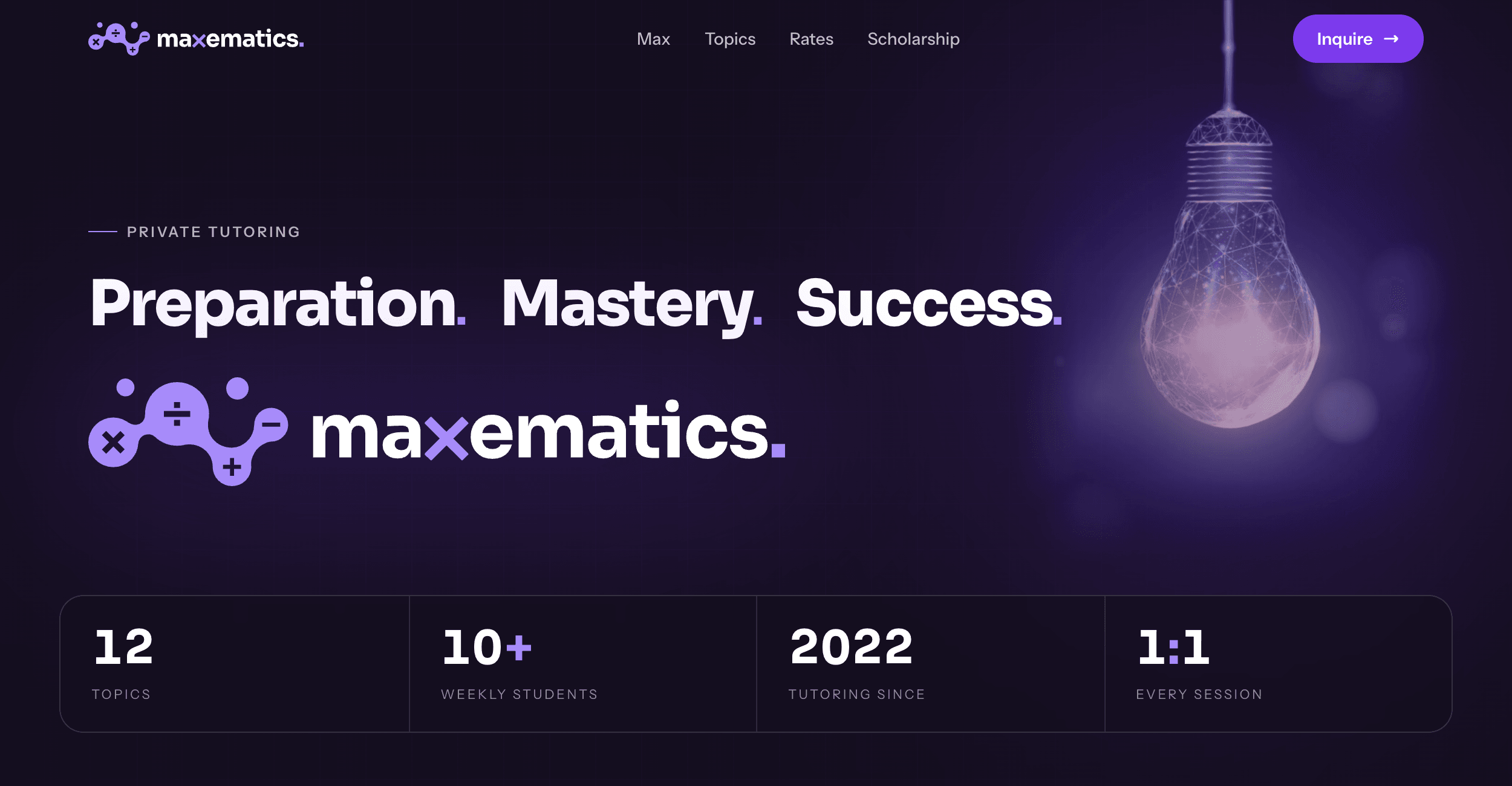 The same hero with the identical headline, wordmark and statistics bar, the light bulb at right replaced by a photograph of a real bulb lit from within