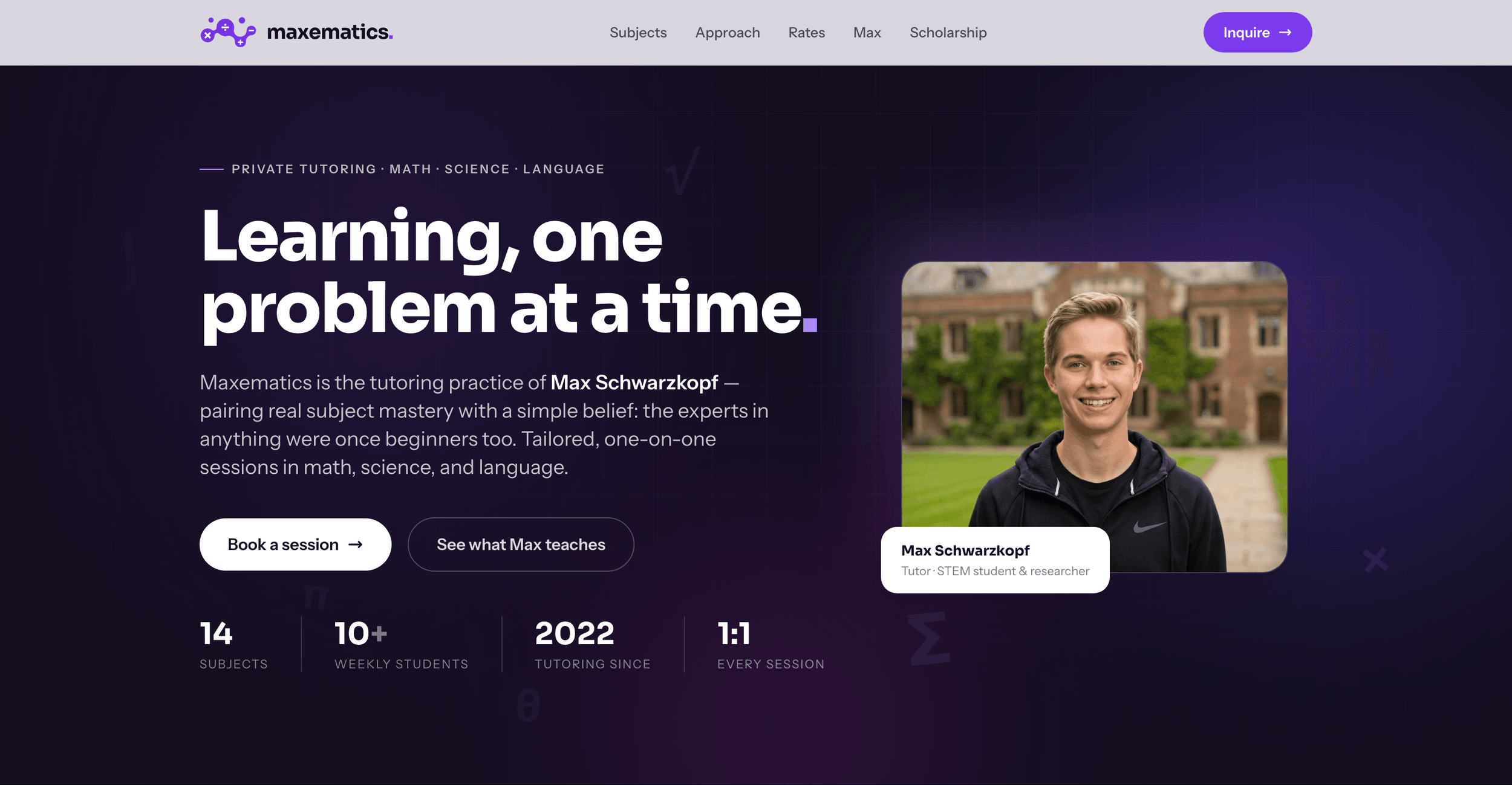 Maxematics site build — dark purple hero reading 'Learning, one problem at a time' with tutor portrait and session stats