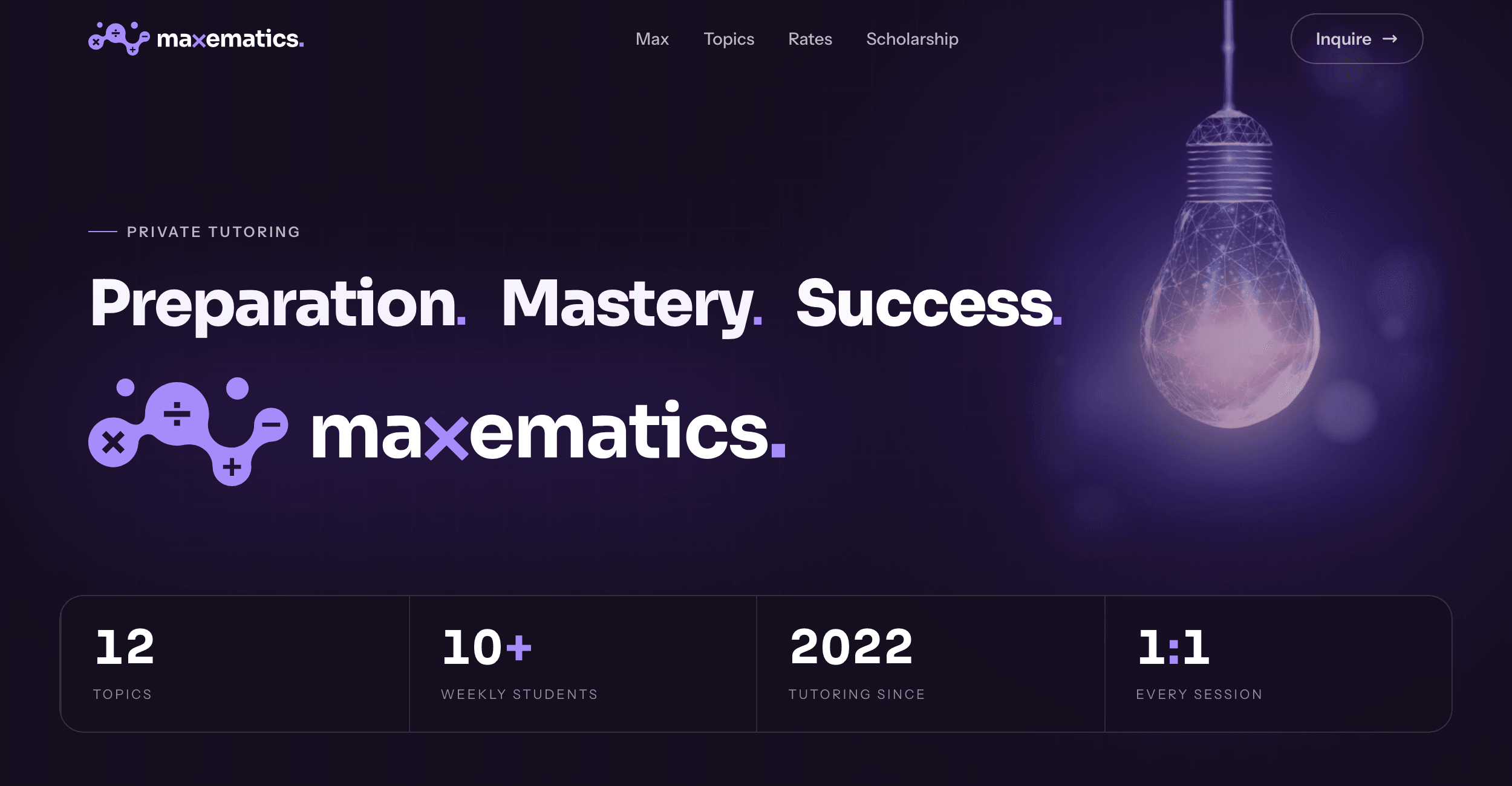 The live Maxematics site — a dark violet hero reading 'Preparation. Mastery. Success.' above the maxematics wordmark, a photograph of a lit bulb at right, and a row of practice statistics beneath