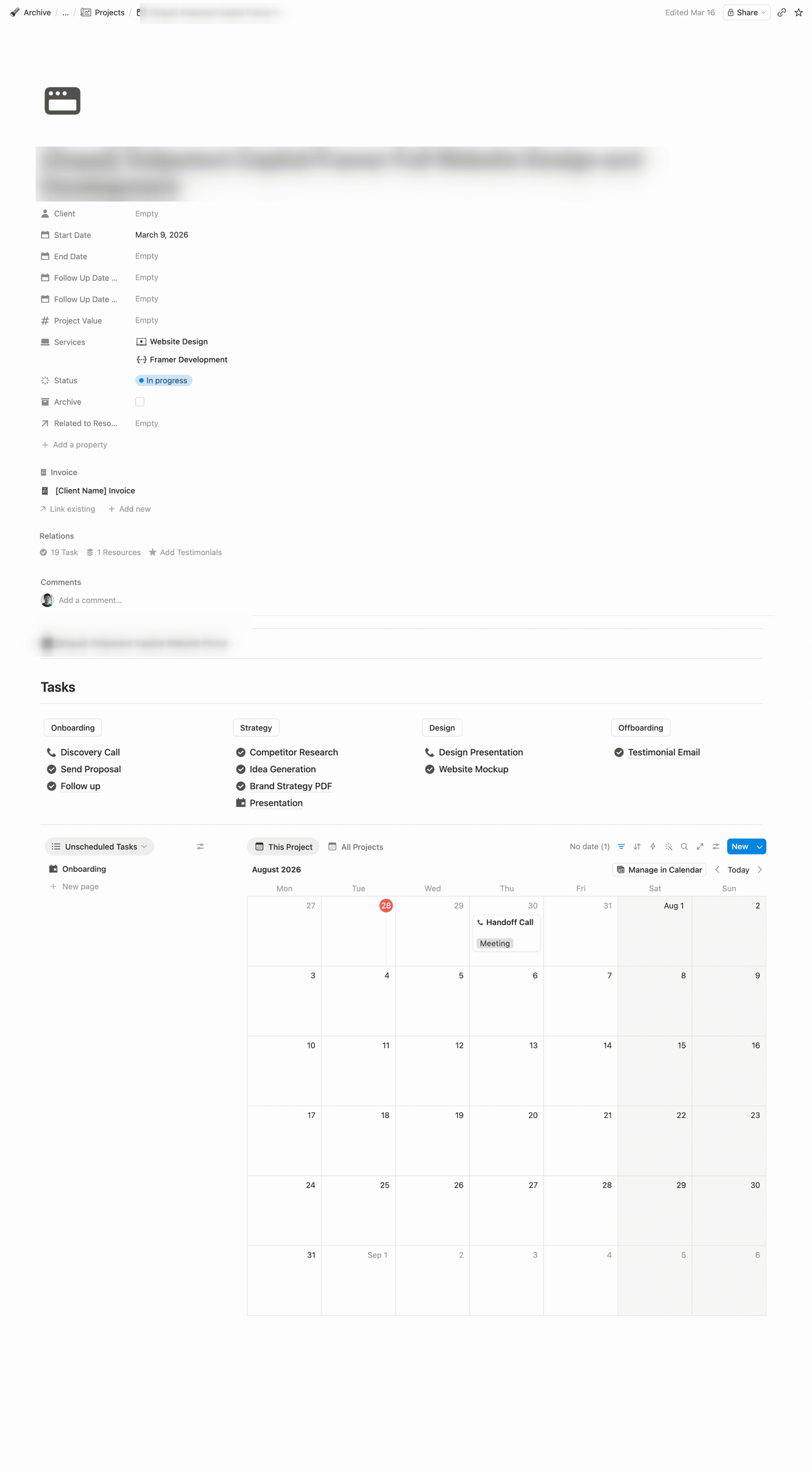 Internal Notion project page for a client engagement — key dates, deliverables checklist, task board, and project status