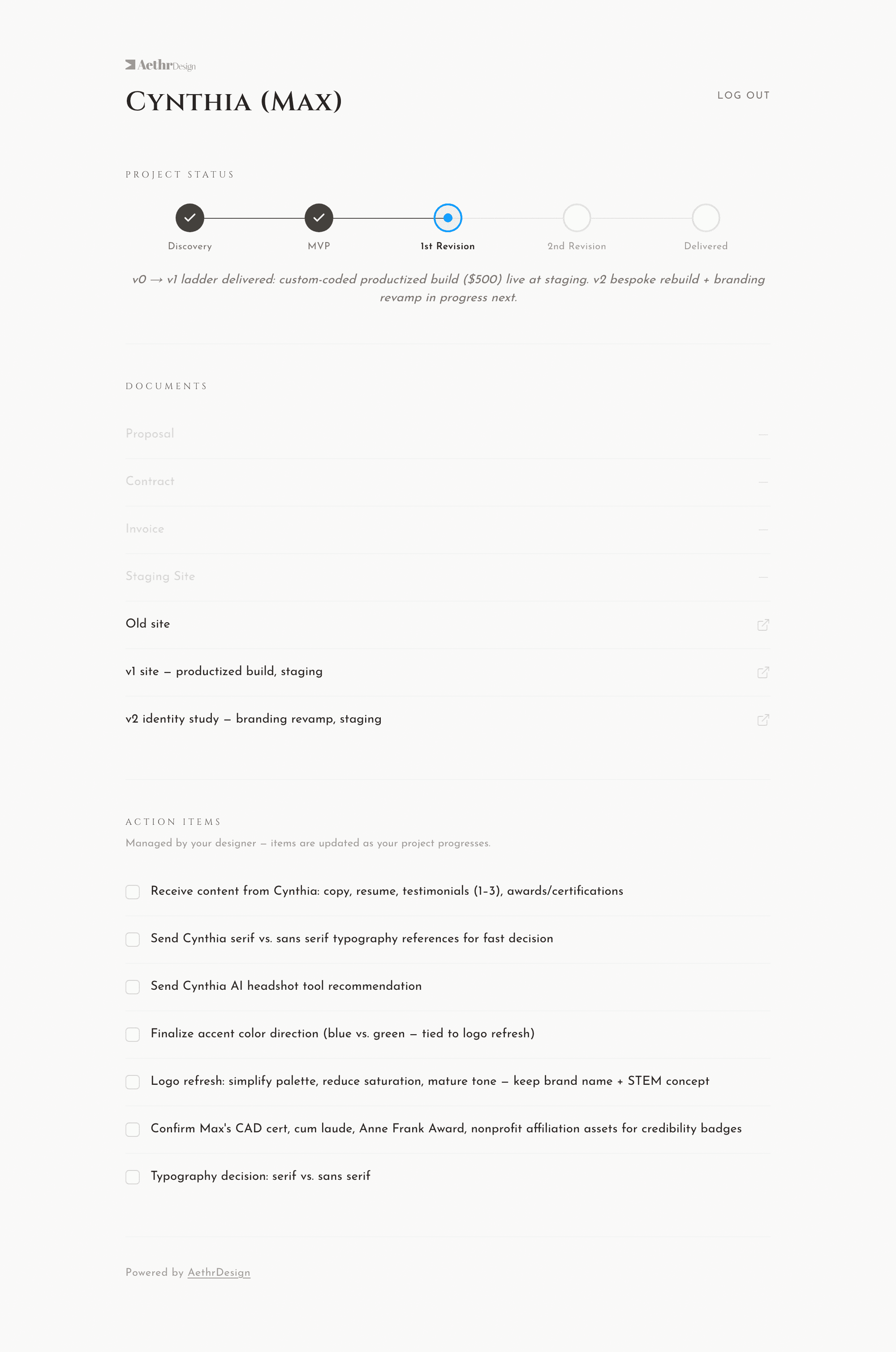 The AethrDesign client portal page for the same engagement, with a five-step project status rail with 1st Revision active, a Documents list of three links, and seven unchecked action items