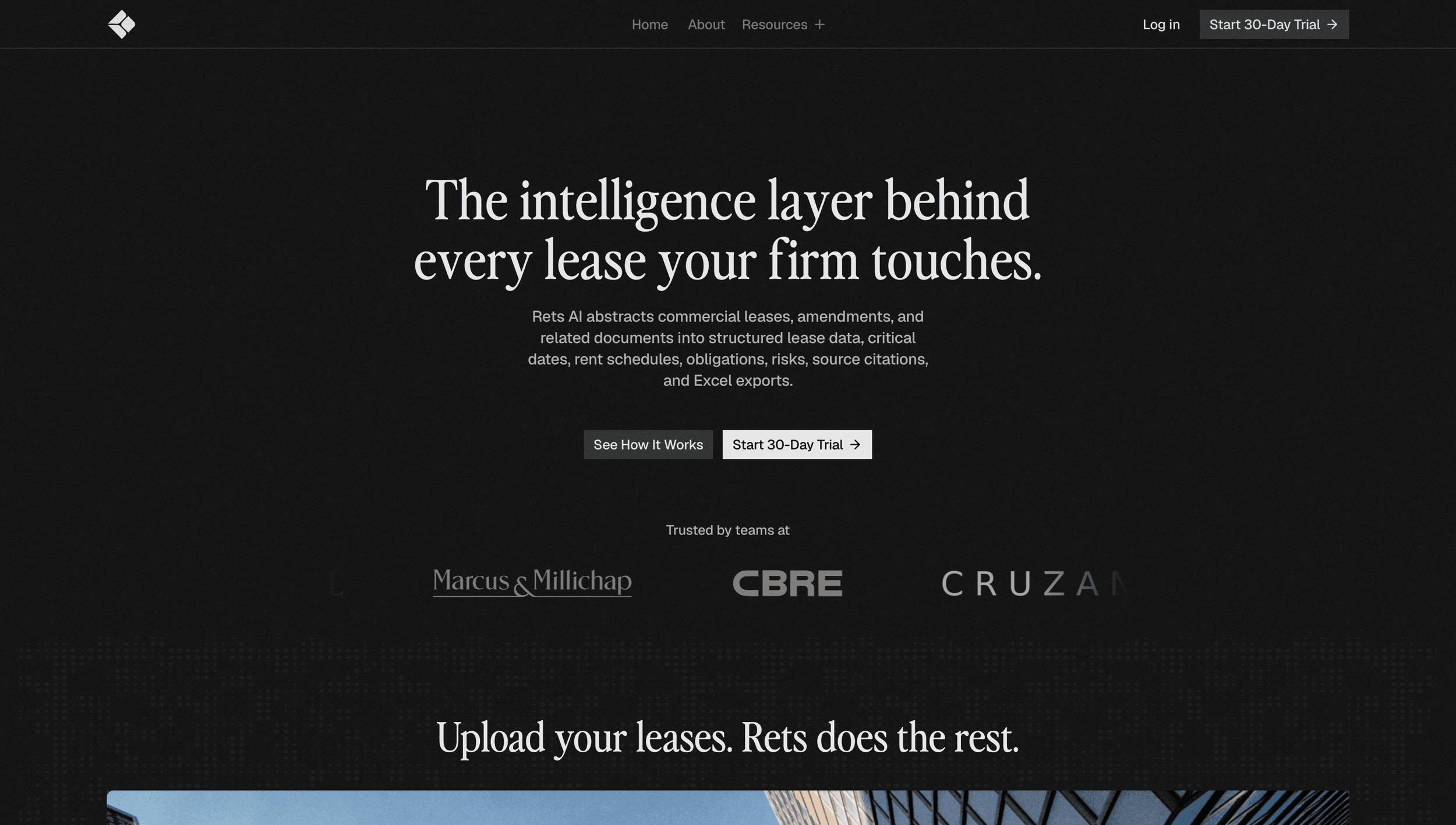 Rets AI homepage — serif headline 'The intelligence layer behind every lease your firm touches' over a dark hero with client logos