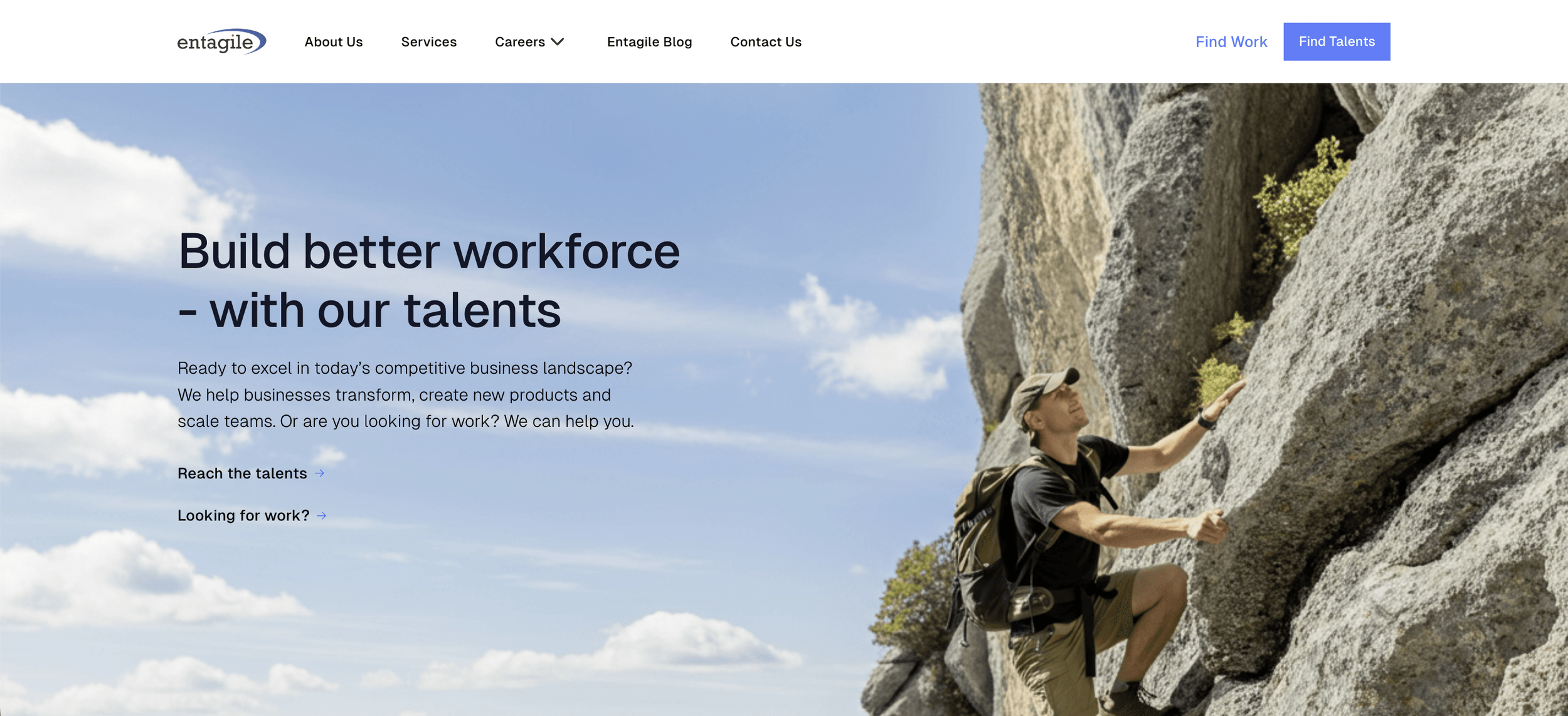 Redesigned Entagile homepage hero with clear dual audience paths