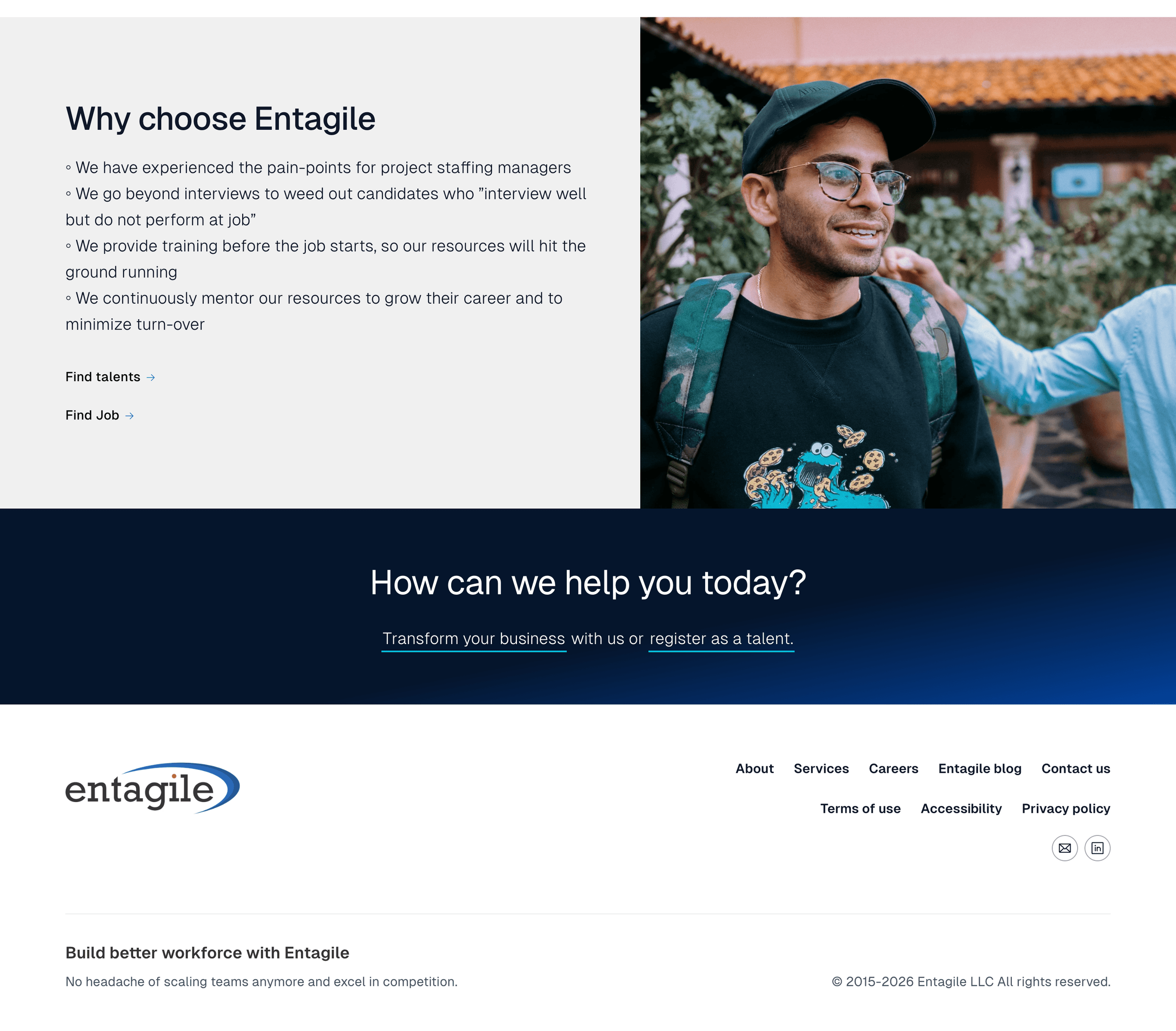 Entagile homepage — why-choose differentiators, CTA, and footer