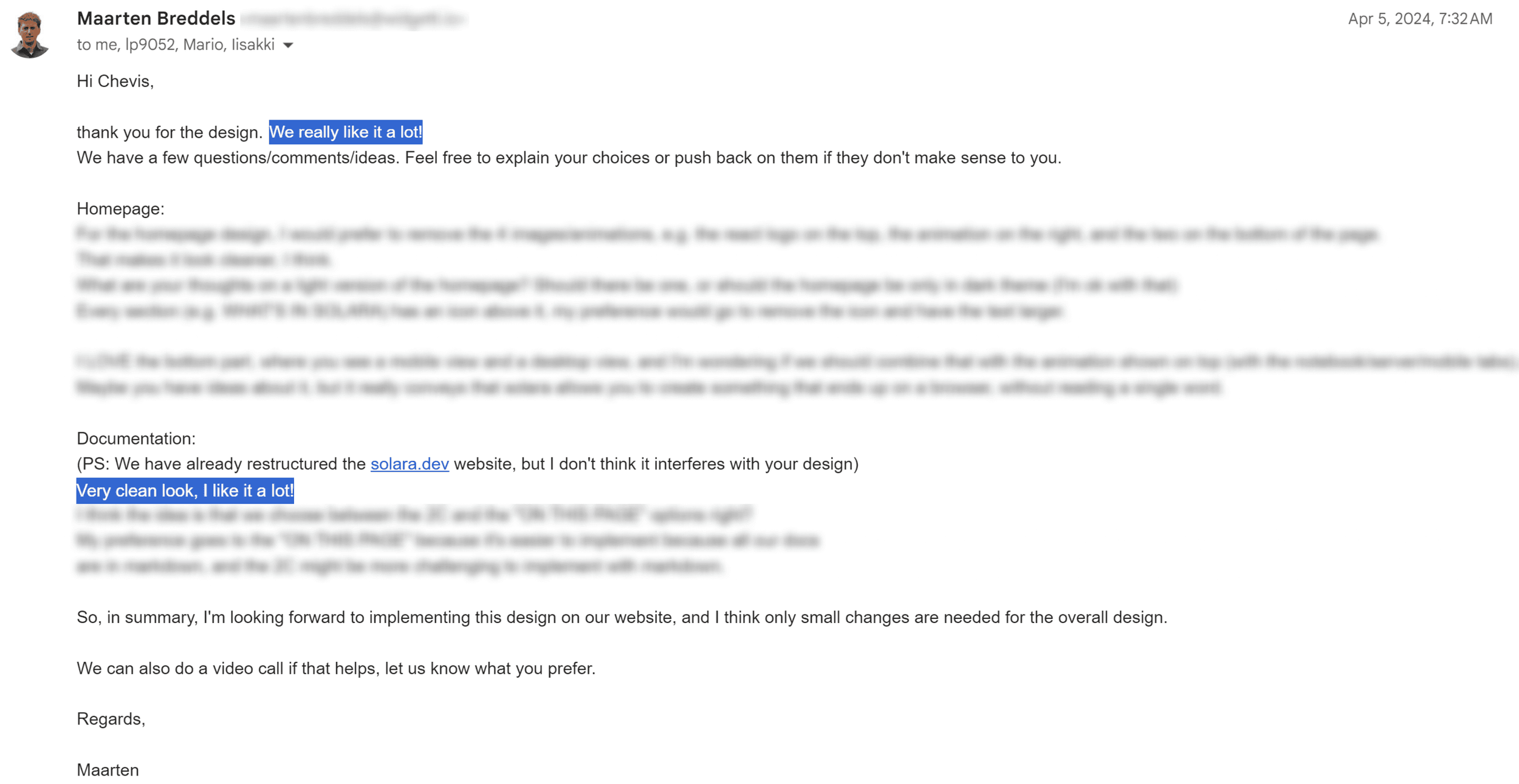 Design review email from Maarten Breddels, April 2024, praising the documentation design
