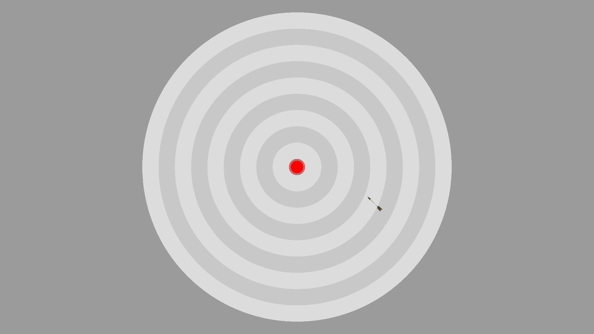 The experiment screen: ten concentric grey rings around a small red centre, with a small arrow landed below and to the right of it