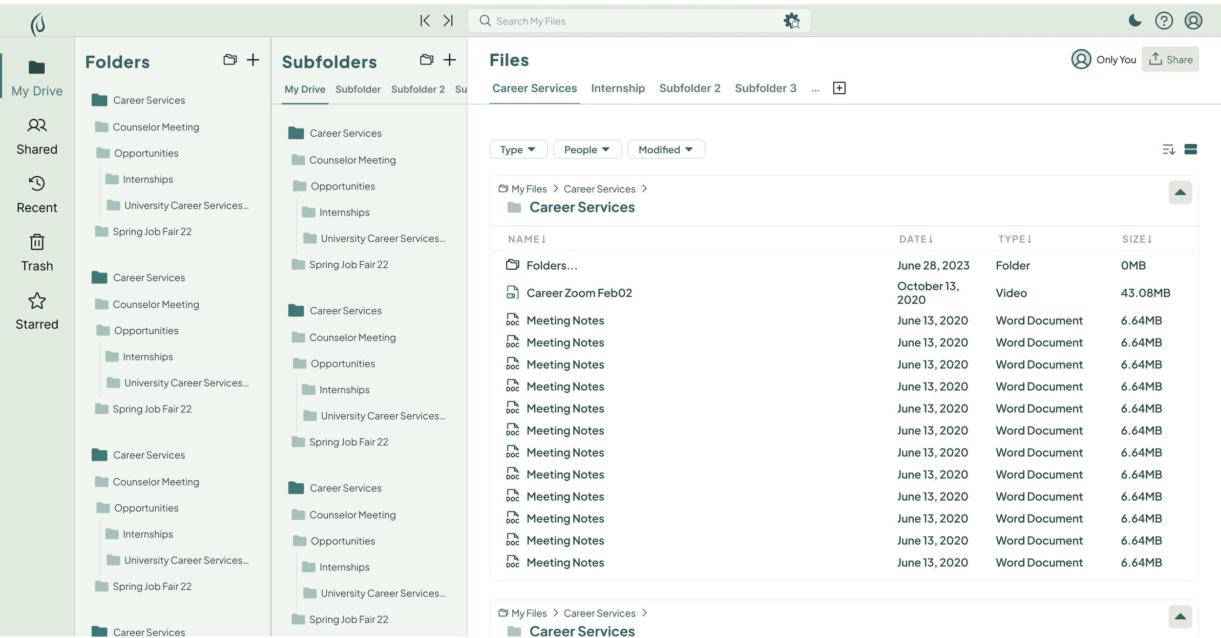 The shipped Treevah Cloud interface: a side nav, a Folder pane, a SubFolders pane, and a Files pane held open side by side.