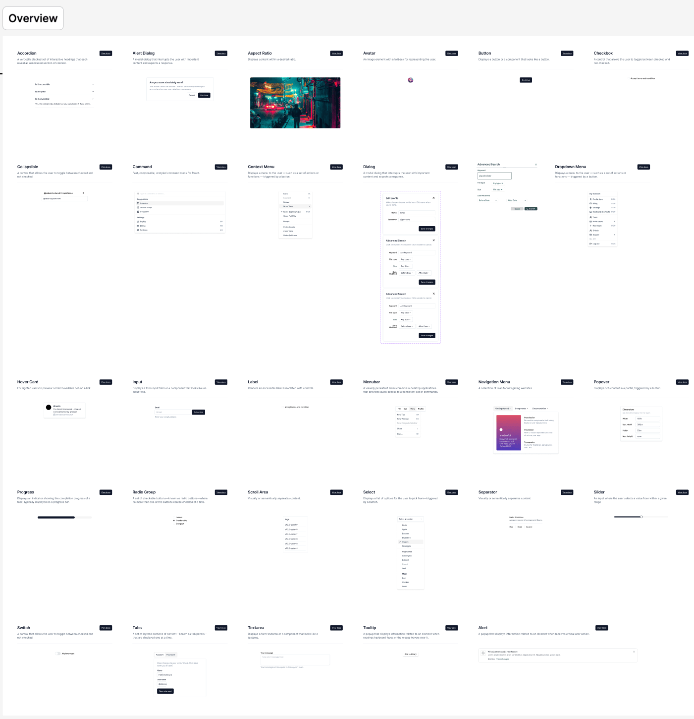 An overview board of the atomic component library: a grid of specimen cards for Accordion, Alert Dialog, Aspect Ratio, Avatar, Button, Checkbox, Collapsible, Command, Context Menu, Dialog, Dropdown Menu, Hover Card, Input, Label, Menubar, Navigation Menu, Popover, Progress, Radio Group, Scroll Area, Select, Separator, Slider, Switch, Tabs, Textarea, Tooltip and Alert, each with a description and a live example.