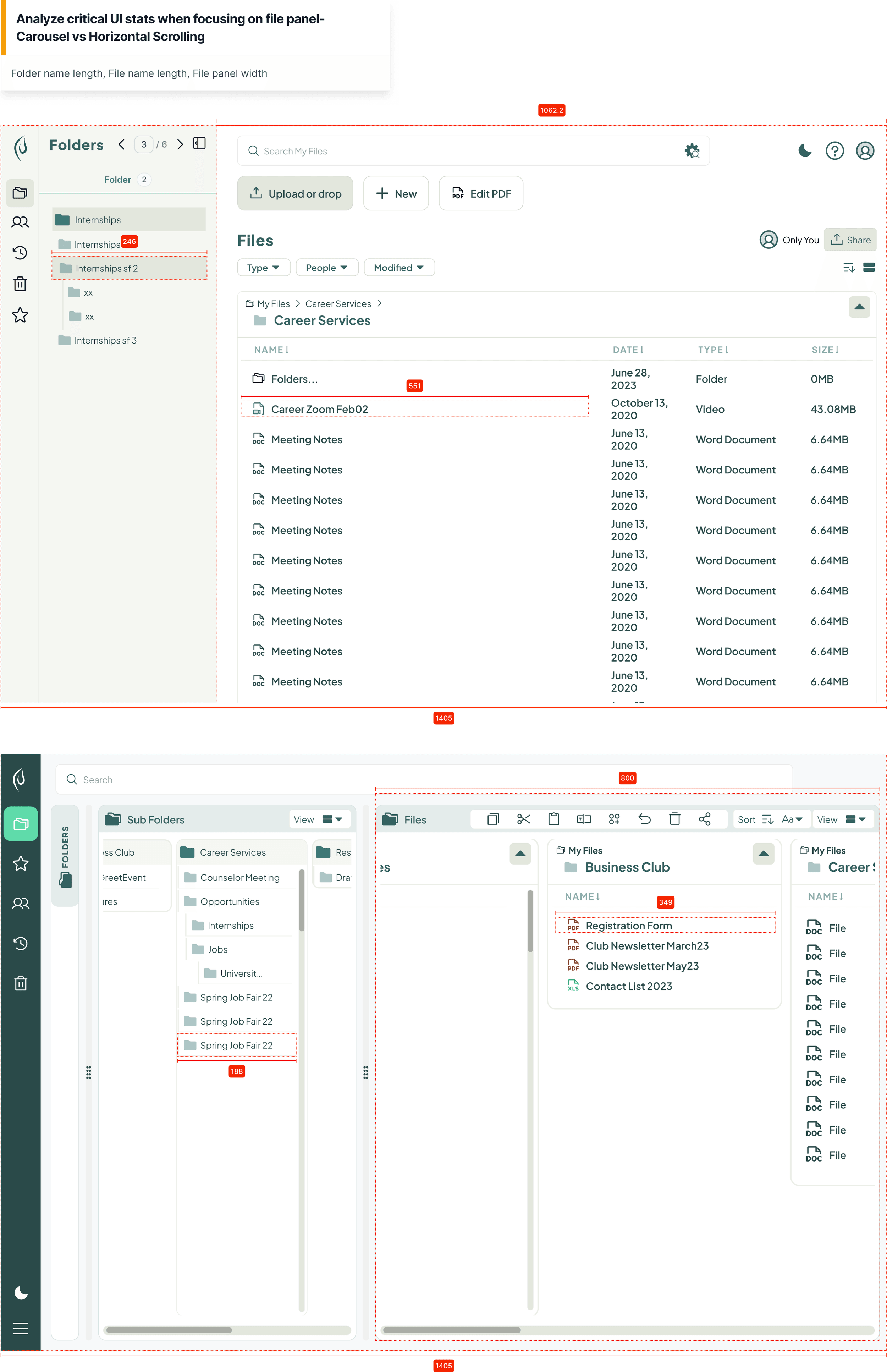 A two-part measurement study headed 'Analyze critical UI stats when focusing on file panel, Carousel vs Horizontal Scrolling: folder name length, file name length, file panel width'. Above, the carousel layout in a 1405px frame with the file panel measured at 1062.2px, the file-name column at 551px and the folder name at 246px. Below, the horizontal-scrolling layout in the same 1405px frame with the file panel measured at 800px, the file-name column at 349px and the subfolder name at 188px.