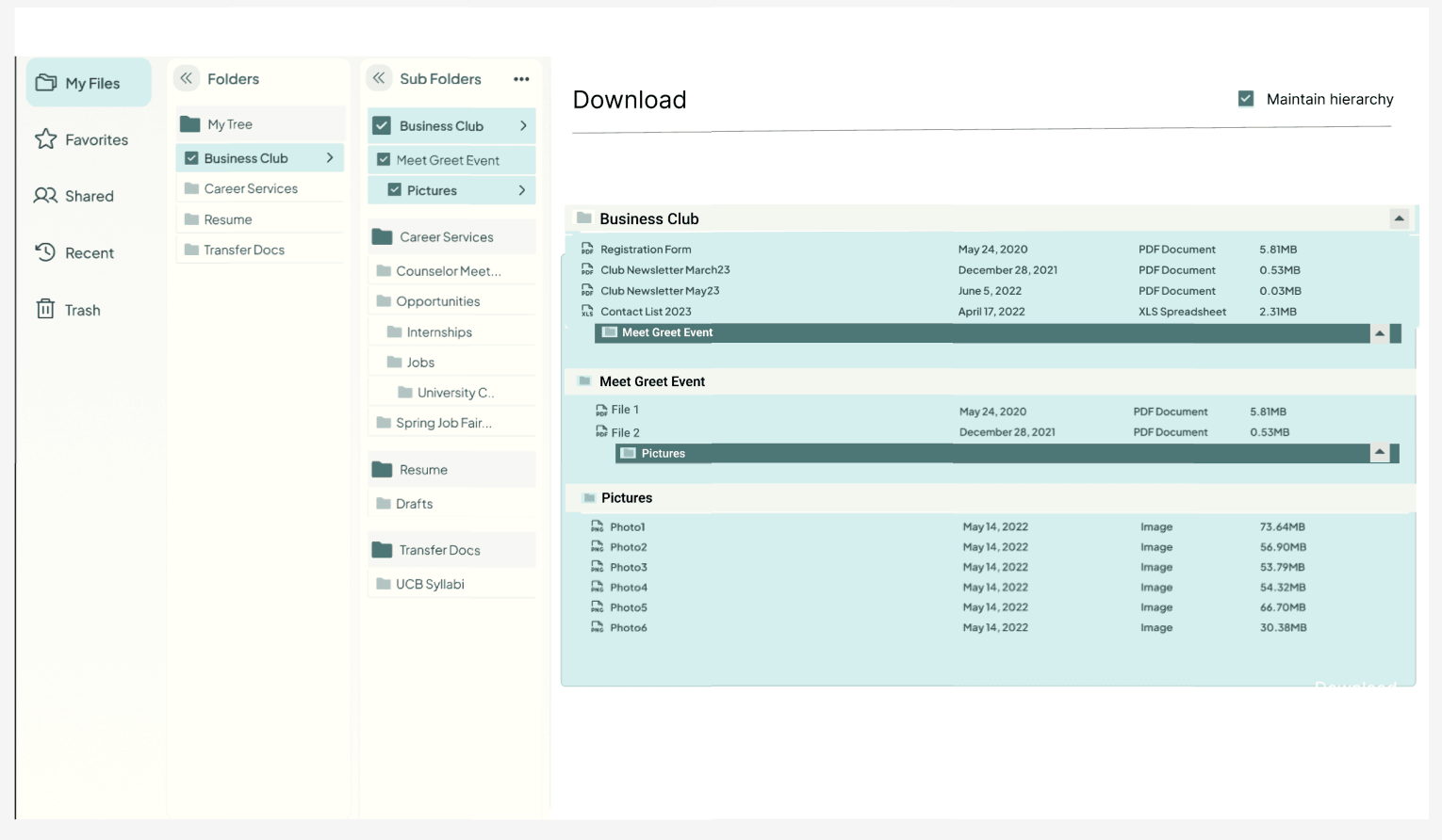 Download flow option three: inline selected-state rows, with the selection marked in the file list itself.