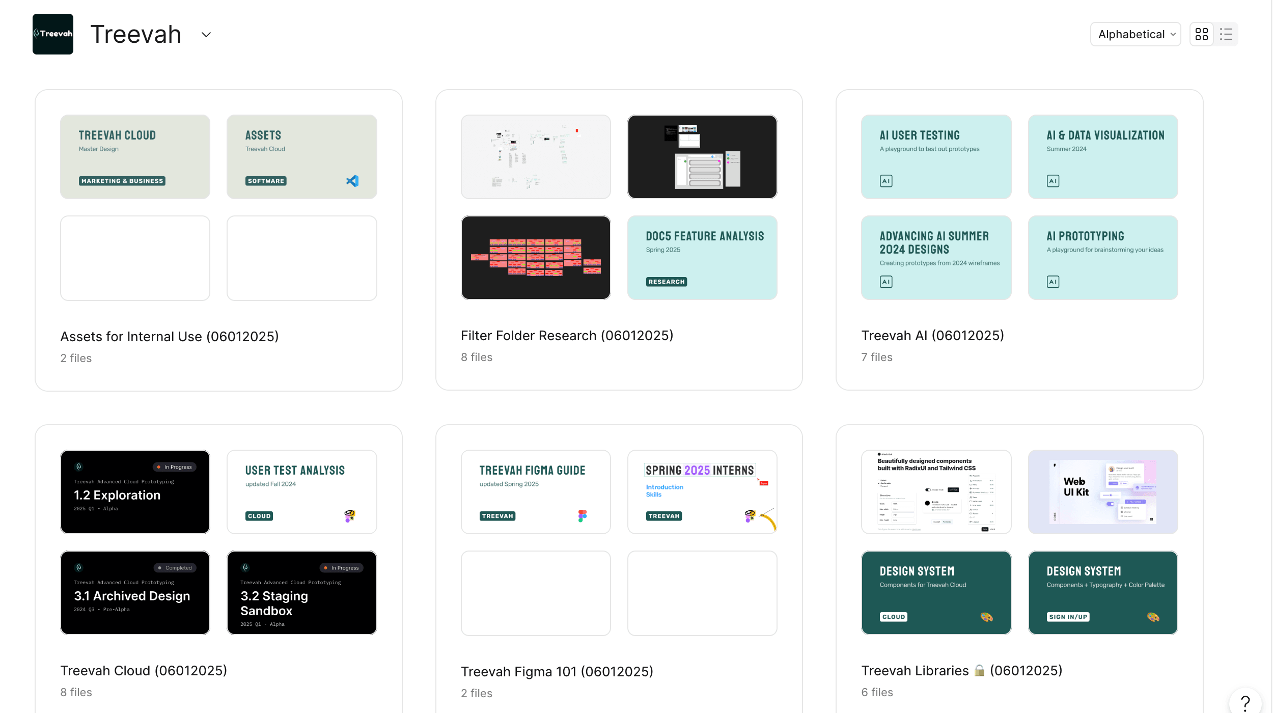 The Treevah Figma organization: project cards for Assets for Internal Use, Filter Folder Research, Treevah AI, Treevah Cloud, Treevah Figma 101 and Treevah Libraries, each showing its named files including 1.2 Exploration, 3.1 Archived Design, 3.2 Staging Sandbox, User Test Analysis and two Design System files.