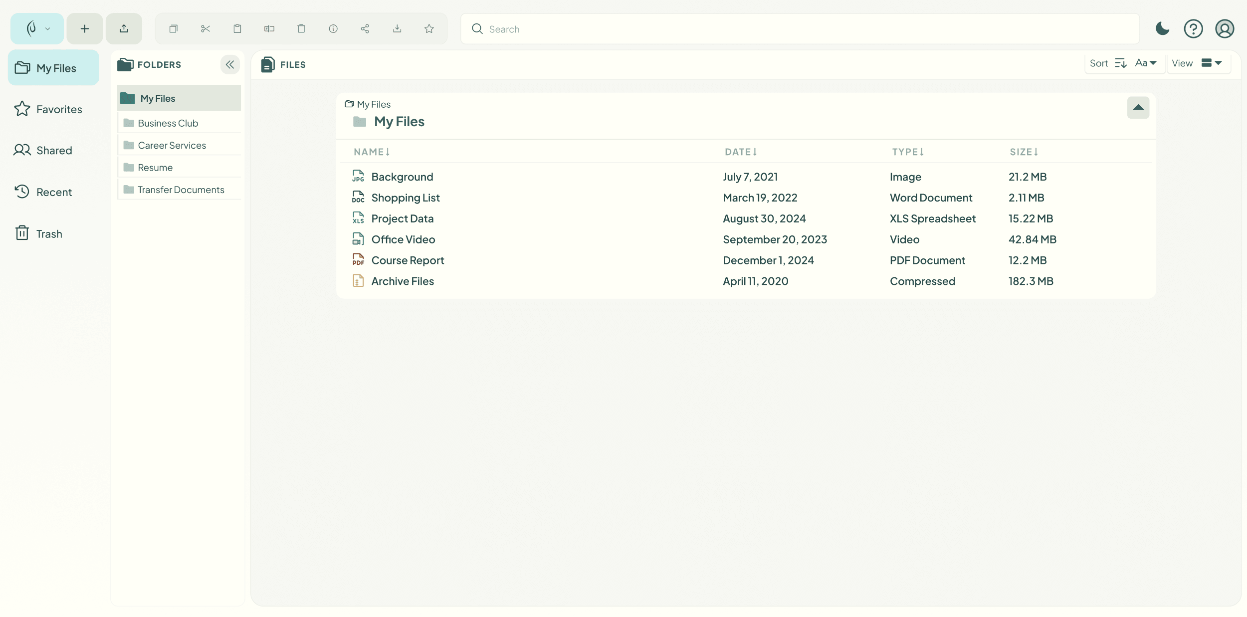The two-pane starting state: a Folders list beside a Files table, with no subfolder pane.