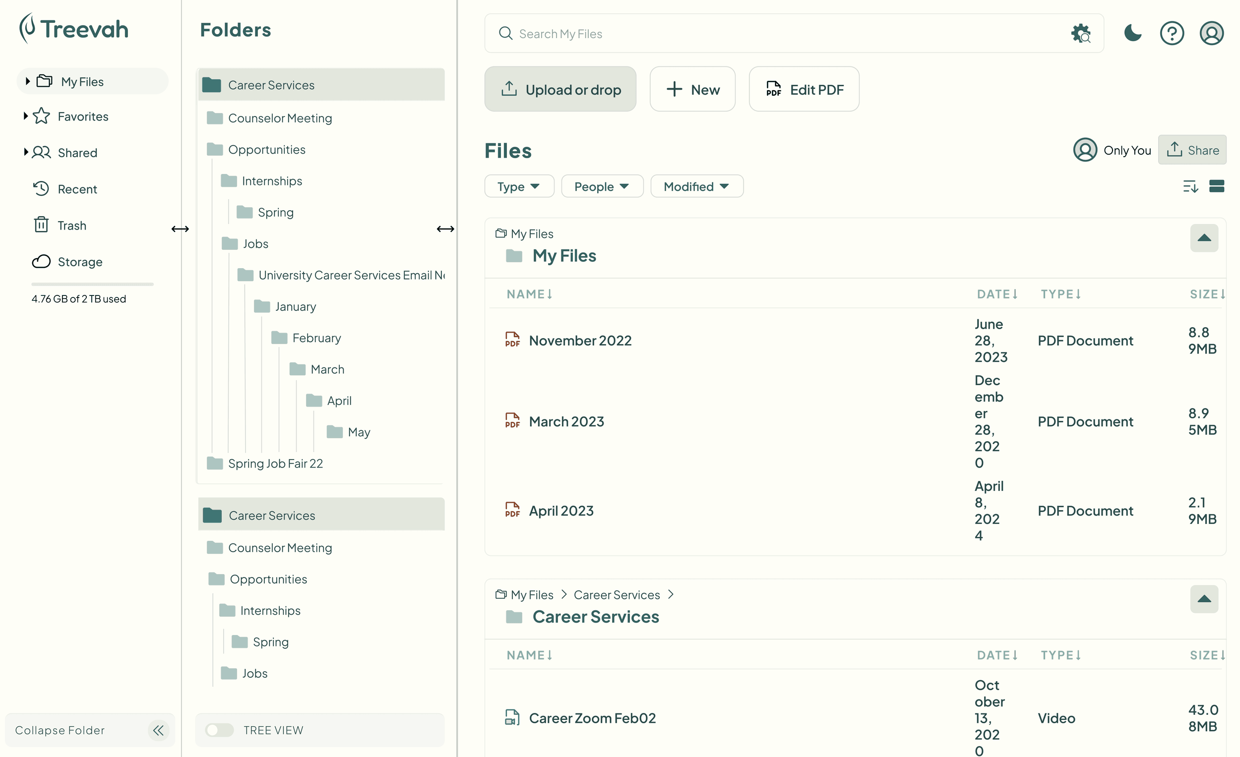 The forfeited combined-sidebar attempt: one deep tree in a single sidebar, with Career Services and its children repeated in the pinned section below.