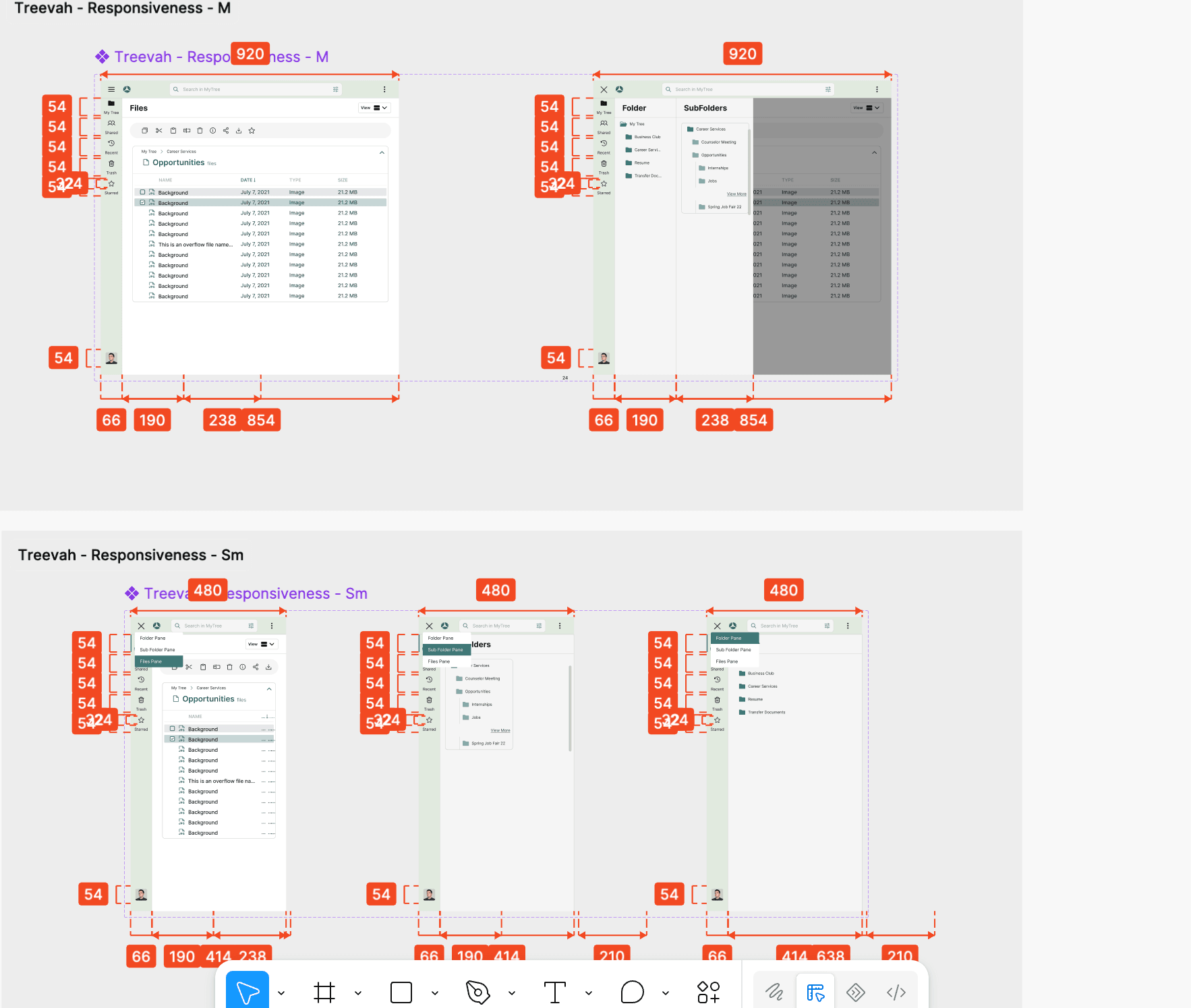 Responsiveness specs at the 920px and 480px breakpoints, showing panes collapsing behind a toggle rather than the file view switching to a list.
