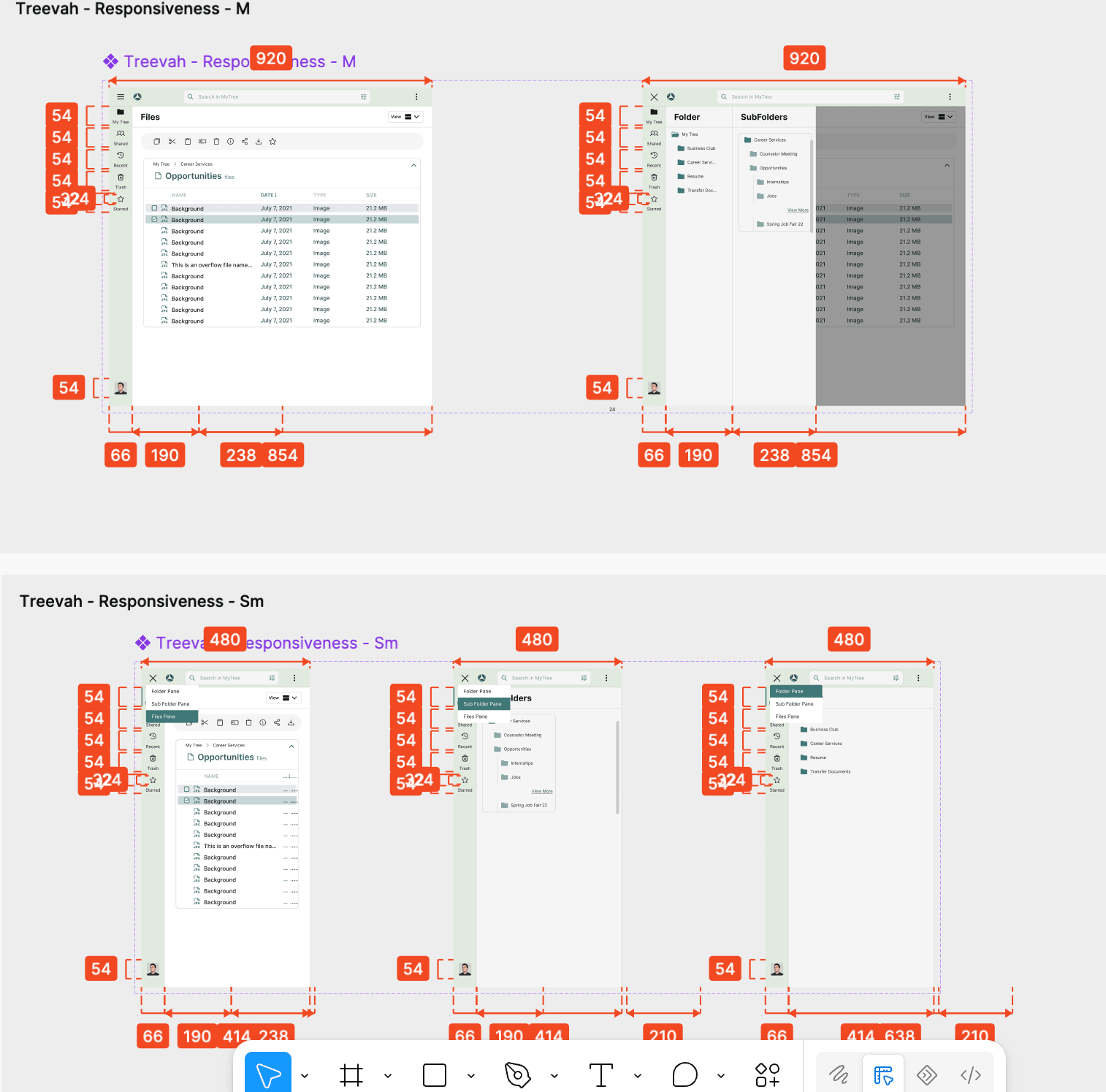 Responsiveness specs at the 920px and 480px breakpoints, showing panes collapsing behind a toggle rather than the file view switching to a list.