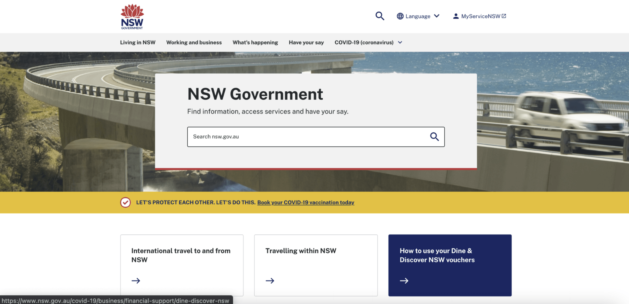Accessible NSW Government homepage — high contrast, readable type, single clear search entry point