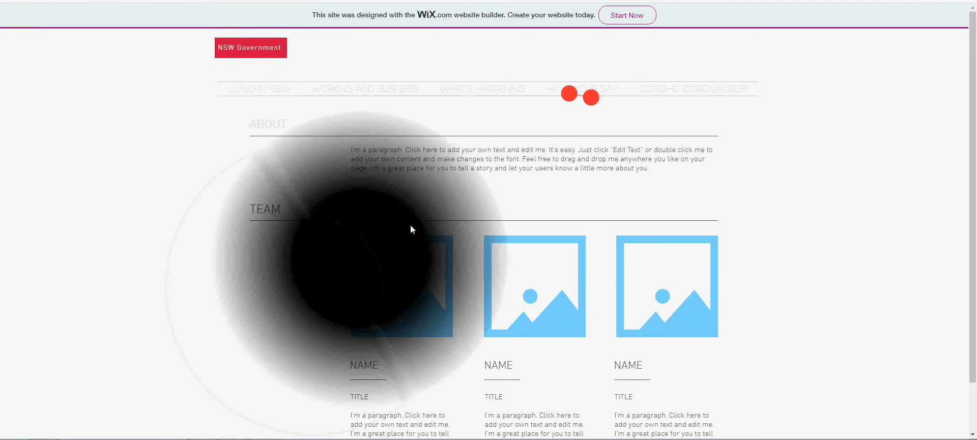 Eye-tracking still of the inaccessible website — fixations hunt across a low-contrast nav bar that gives no feedback, scotoma obscuring the content