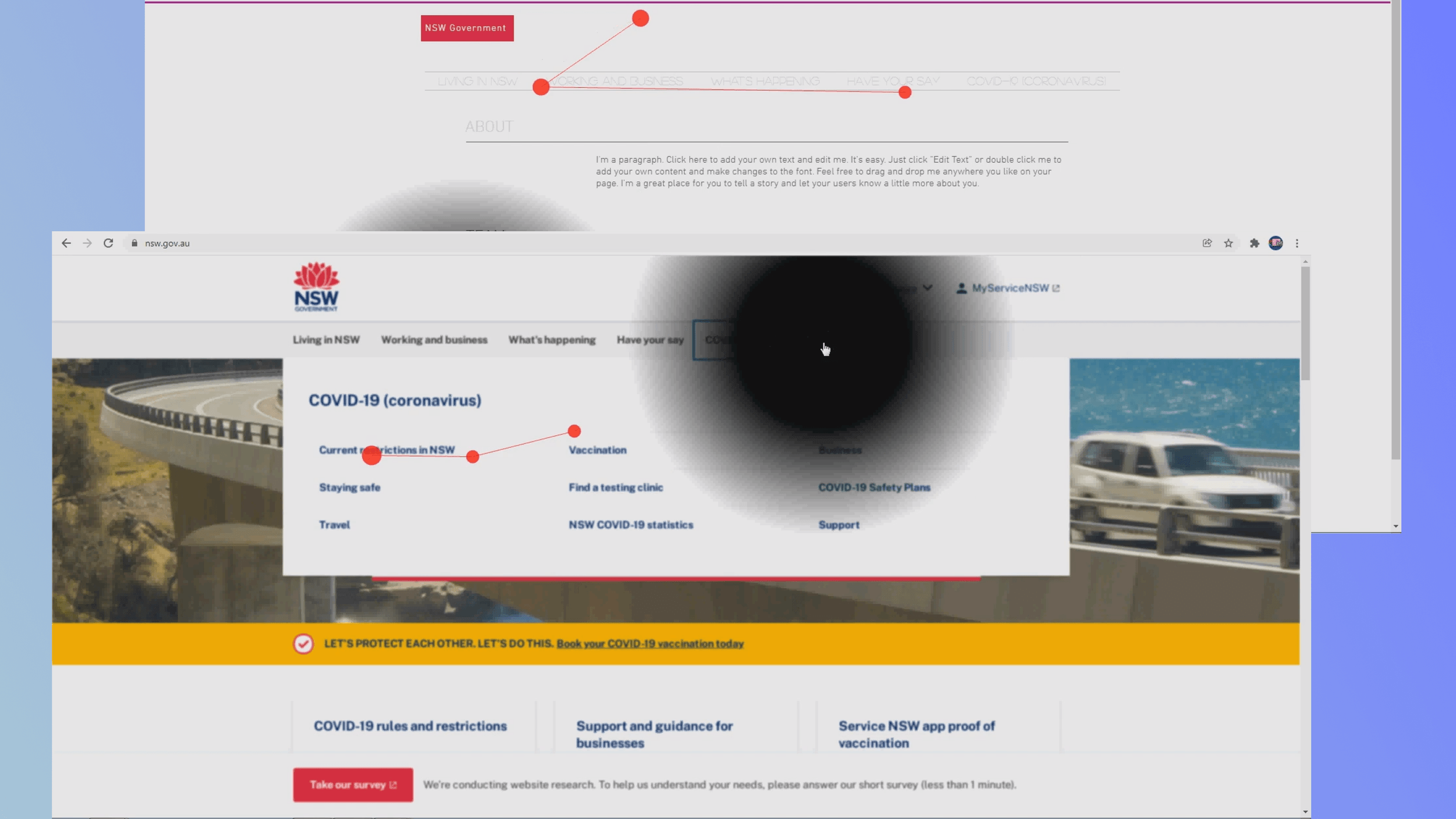 Eye-tracking gaze plot over the NSW Government website with the COVID-19 dropdown open — red fixation dots and saccade lines trace where the participant looked