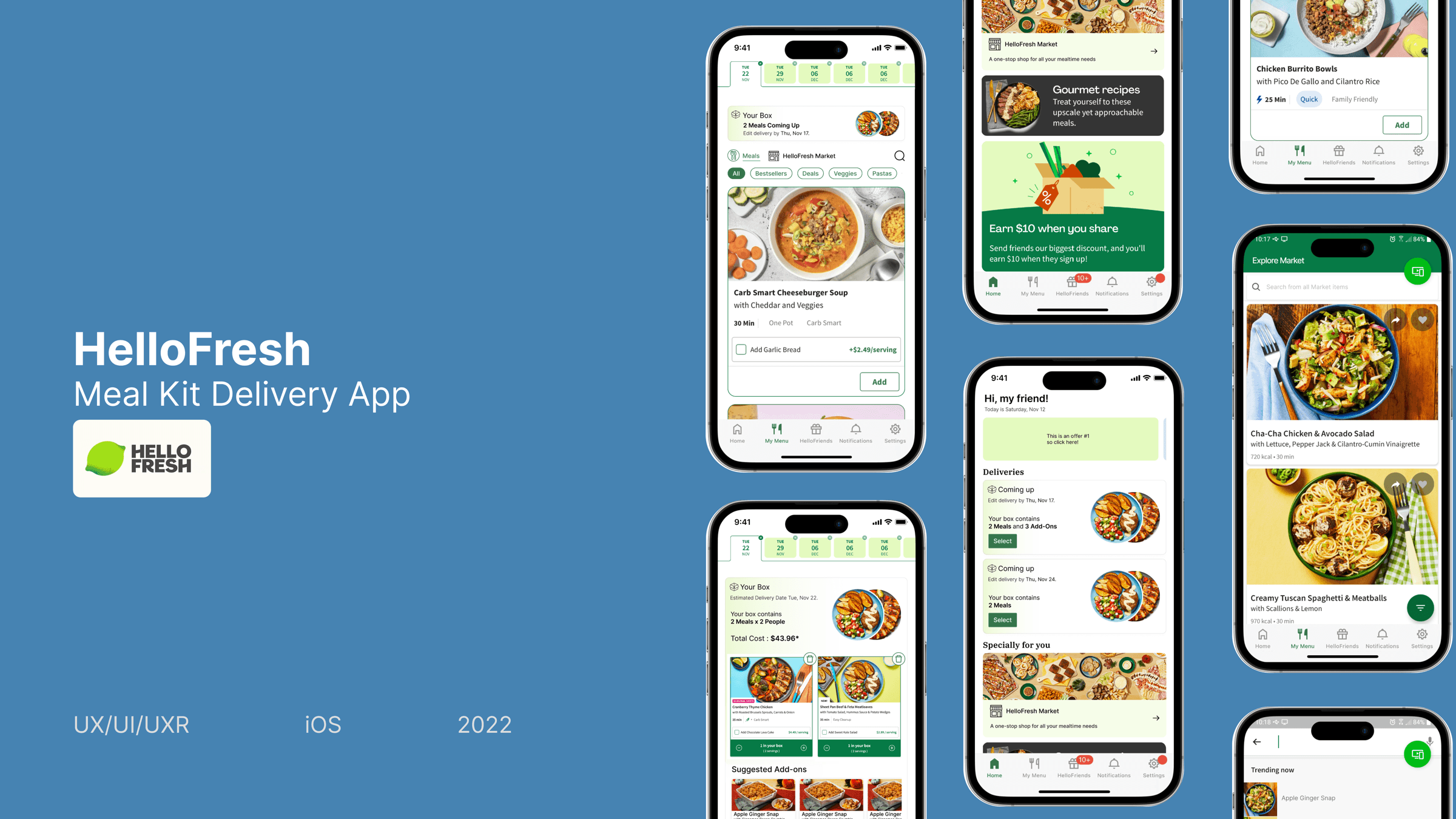 HelloFresh Meal Kit Delivery App case study cover — six iPhone screens of the redesigned app around the HelloFresh logo, labeled UX/UI/UXR, iOS, 2022