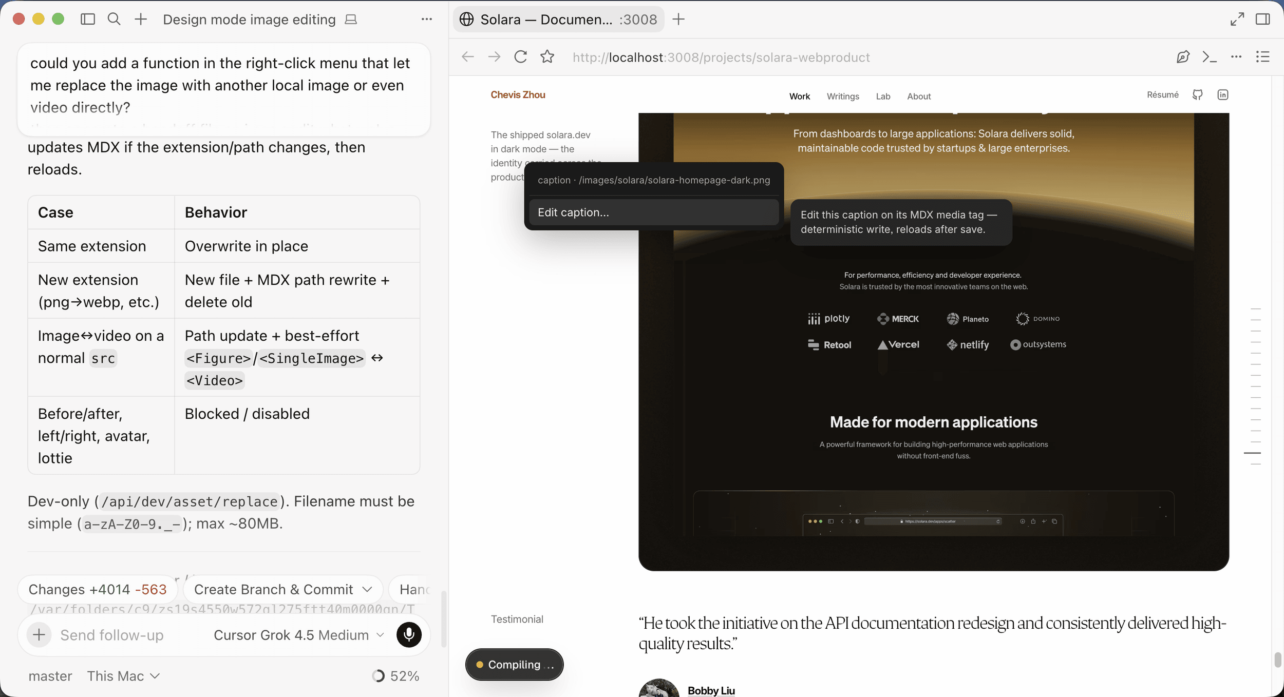 The same right-click menu on a figure caption, offering Edit caption — a deterministic write to the MDX media tag that reloads after save