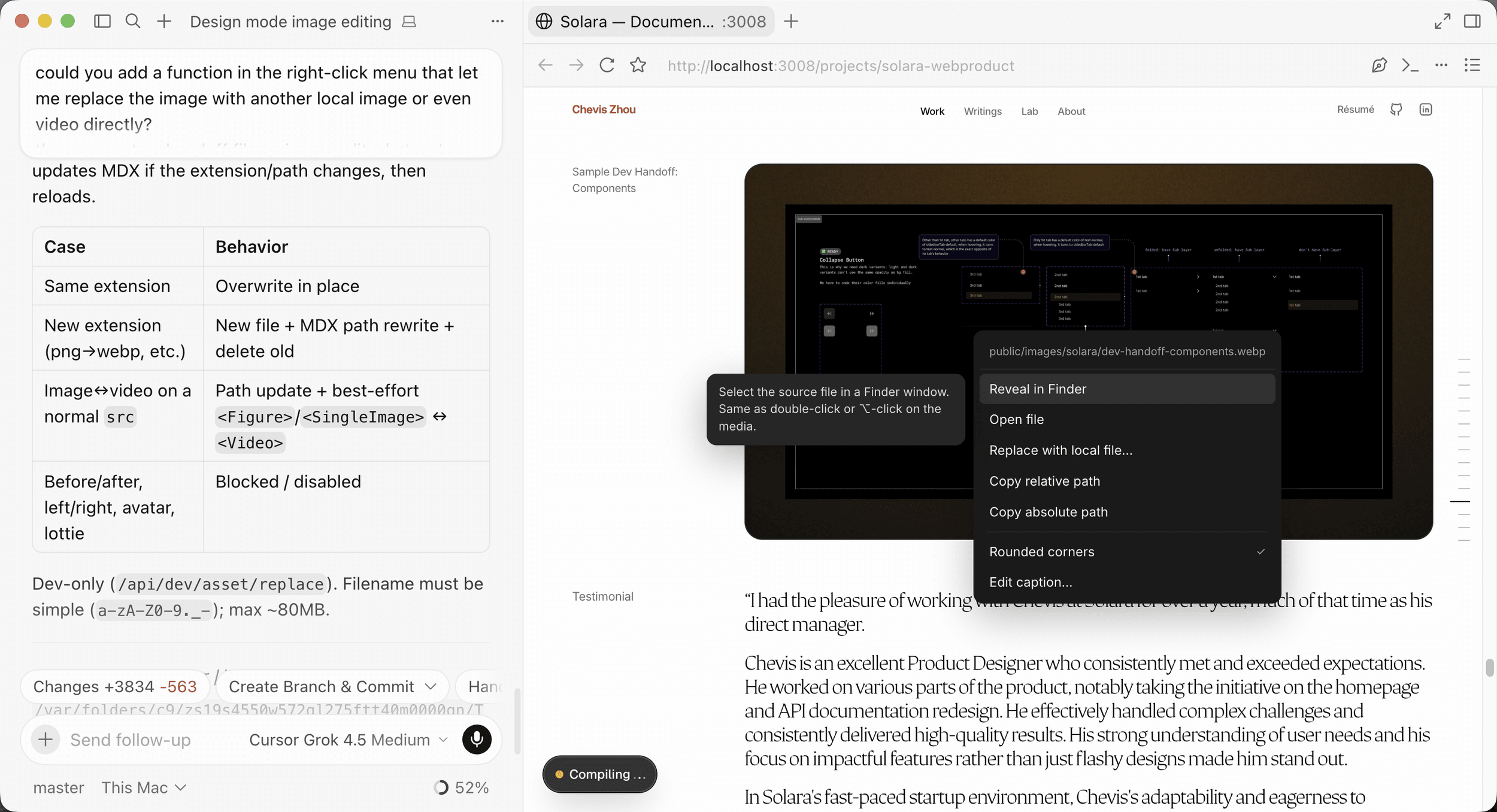 Cursor with its in-IDE browser open on a case study page; a custom right-click menu on an image shows Reveal in Finder, Replace with local file, copy-path actions, and a Rounded corners toggle, with a side panel explaining the hovered action