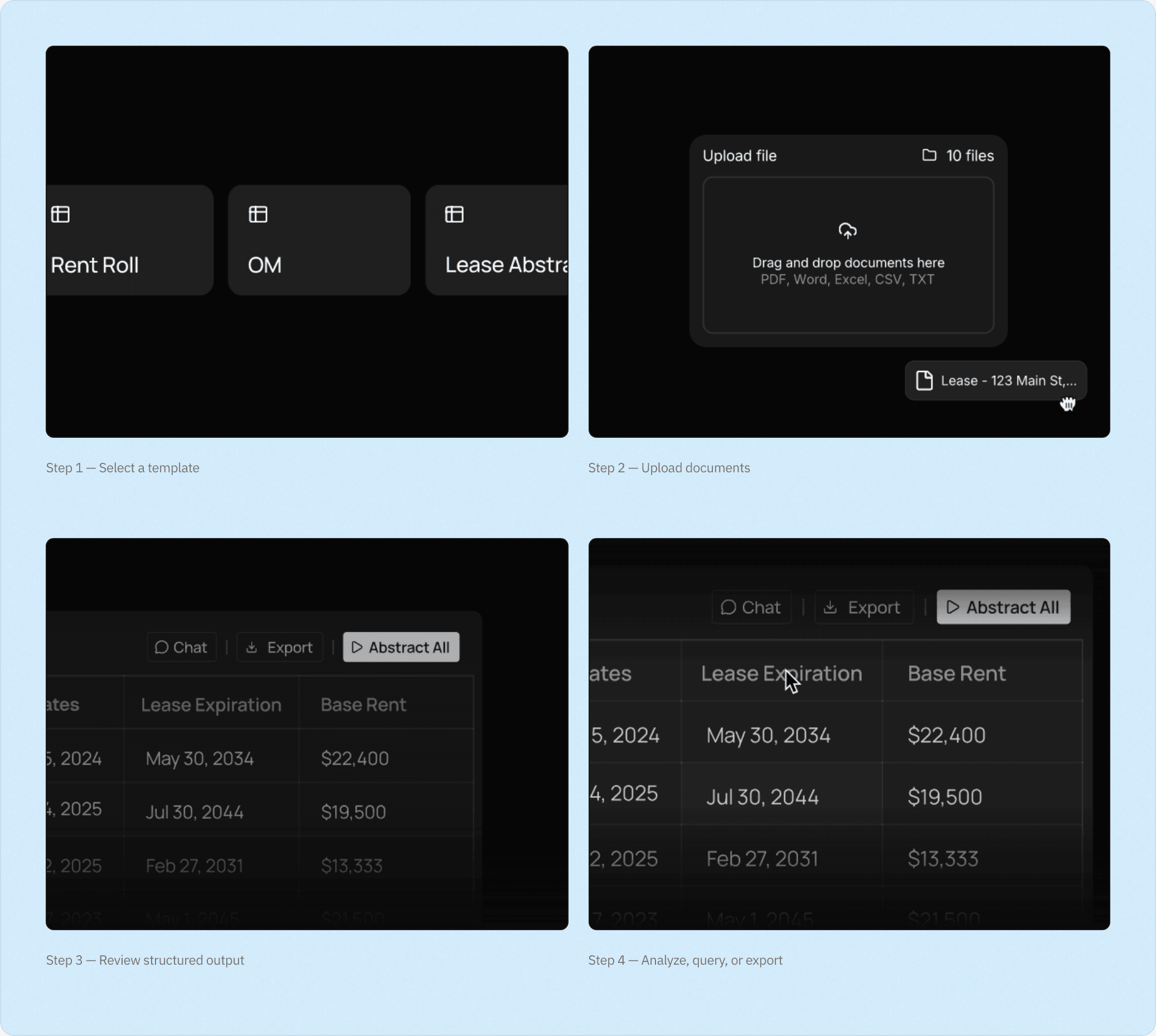 Four live Lottie exhibits from the AethrDesign case study, rendering the Rets AI onboarding sequence: select a template, upload documents, review structured output, analyze and export