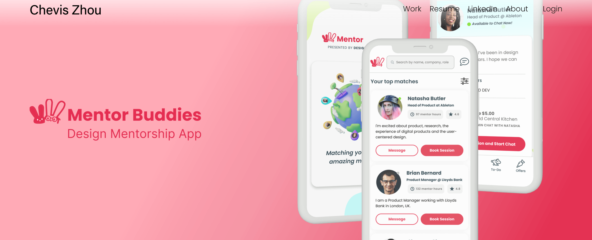 Cover of the original Mentor Buddies case study — the app's pink hero with 'Mentor Buddies: Design Mentorship App' and three phone mockups of the mentor list and matching screens