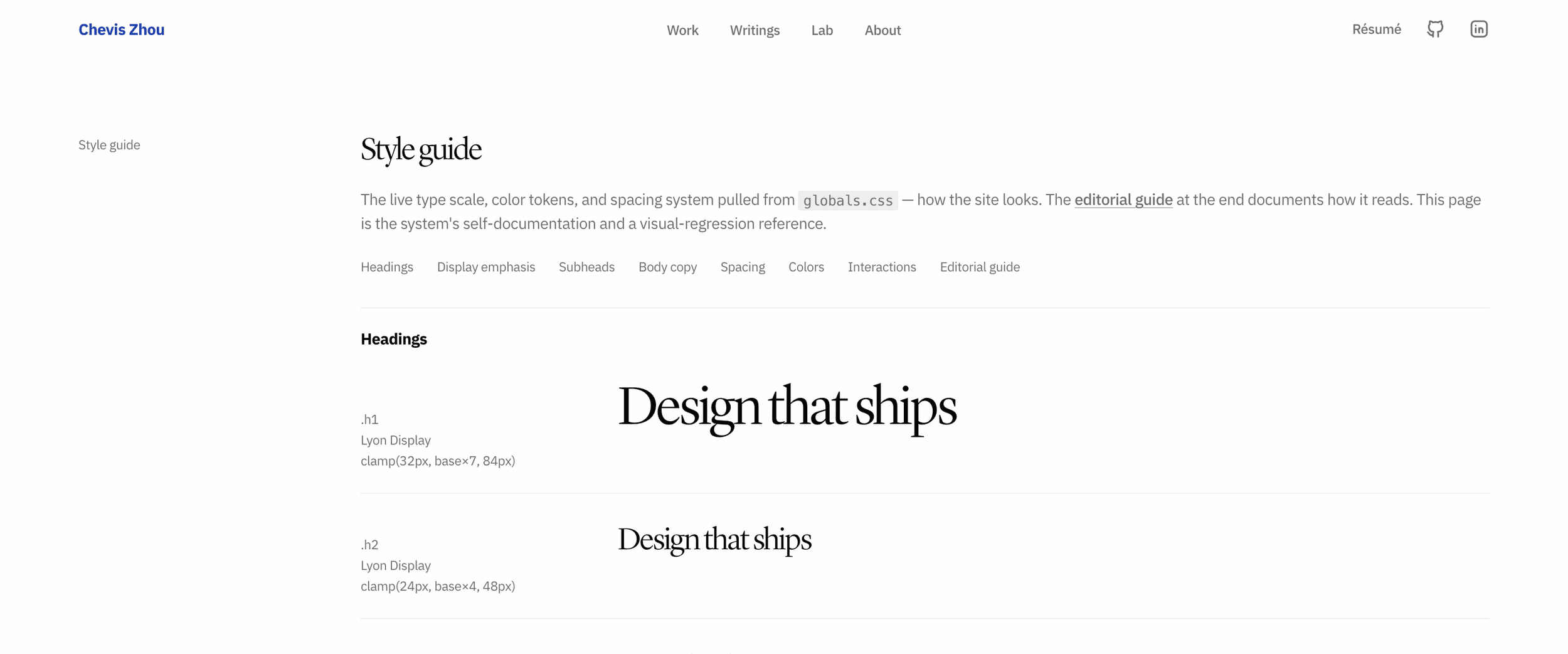 Style guide page showing the fluid type scale, with Lyon Display headings and their clamp values