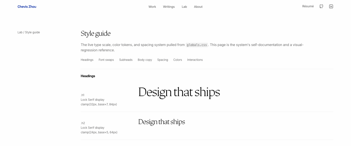 Style guide page showing the fluid type scale, with Lock Serif display headings and their clamp values
